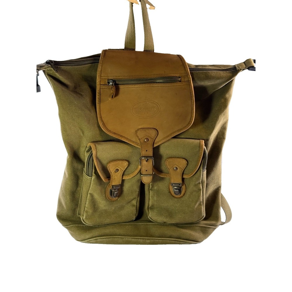 Vintage High Sierra Canvas Leather Backpack Rucksack Hiking Travel Bag Olive Tan